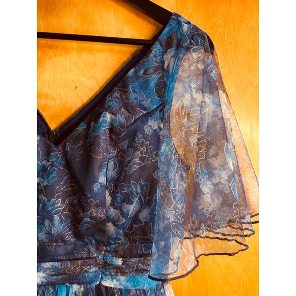 Women's Navy V-Neck Bell Sleeve Floral Print High-Low Hemline Maxi Dress Size L - Picture 6 of 10